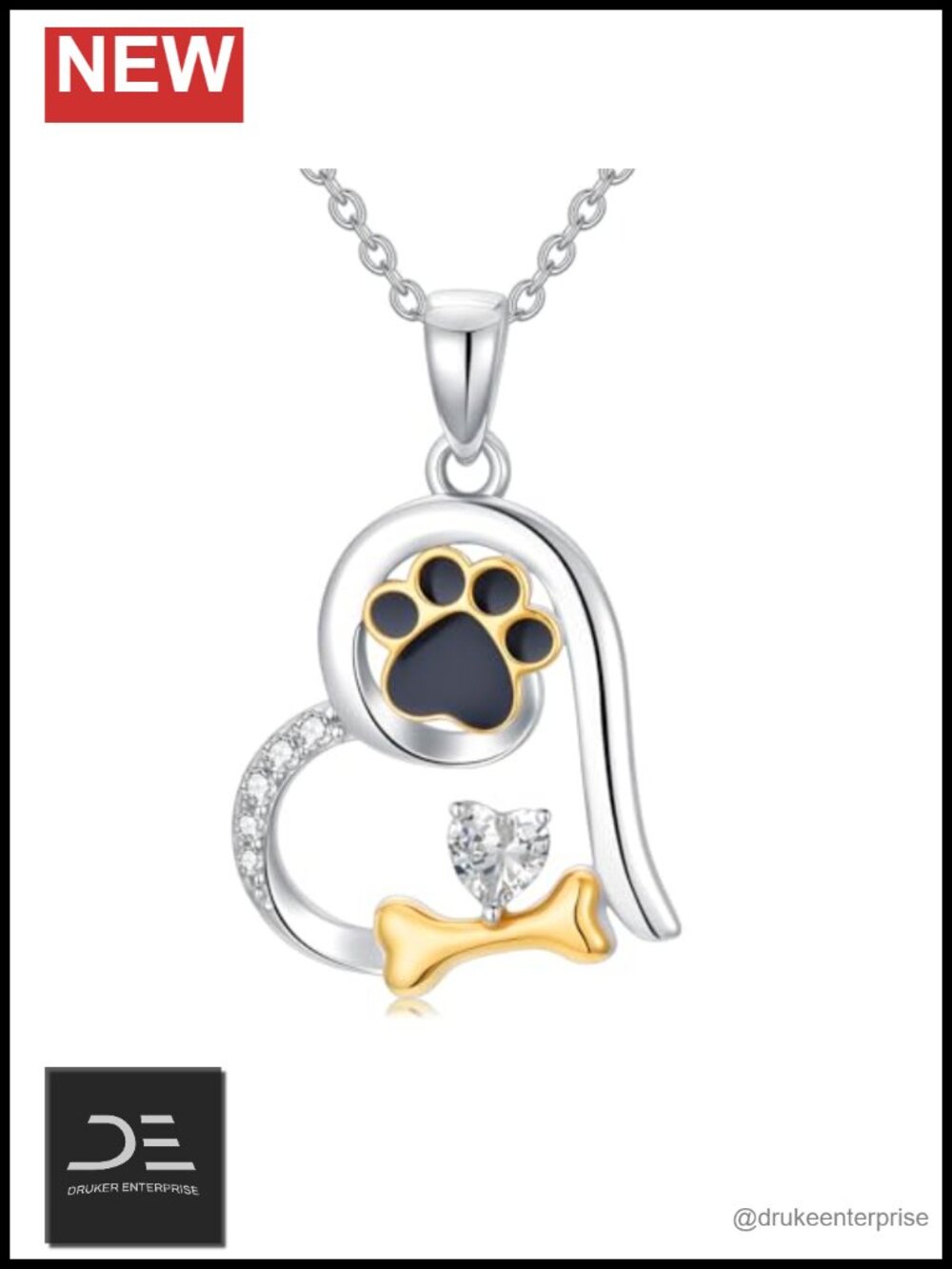 Sterling Silver Diamond Heart Paw Print Pendant Necklace 18K Gold Plated